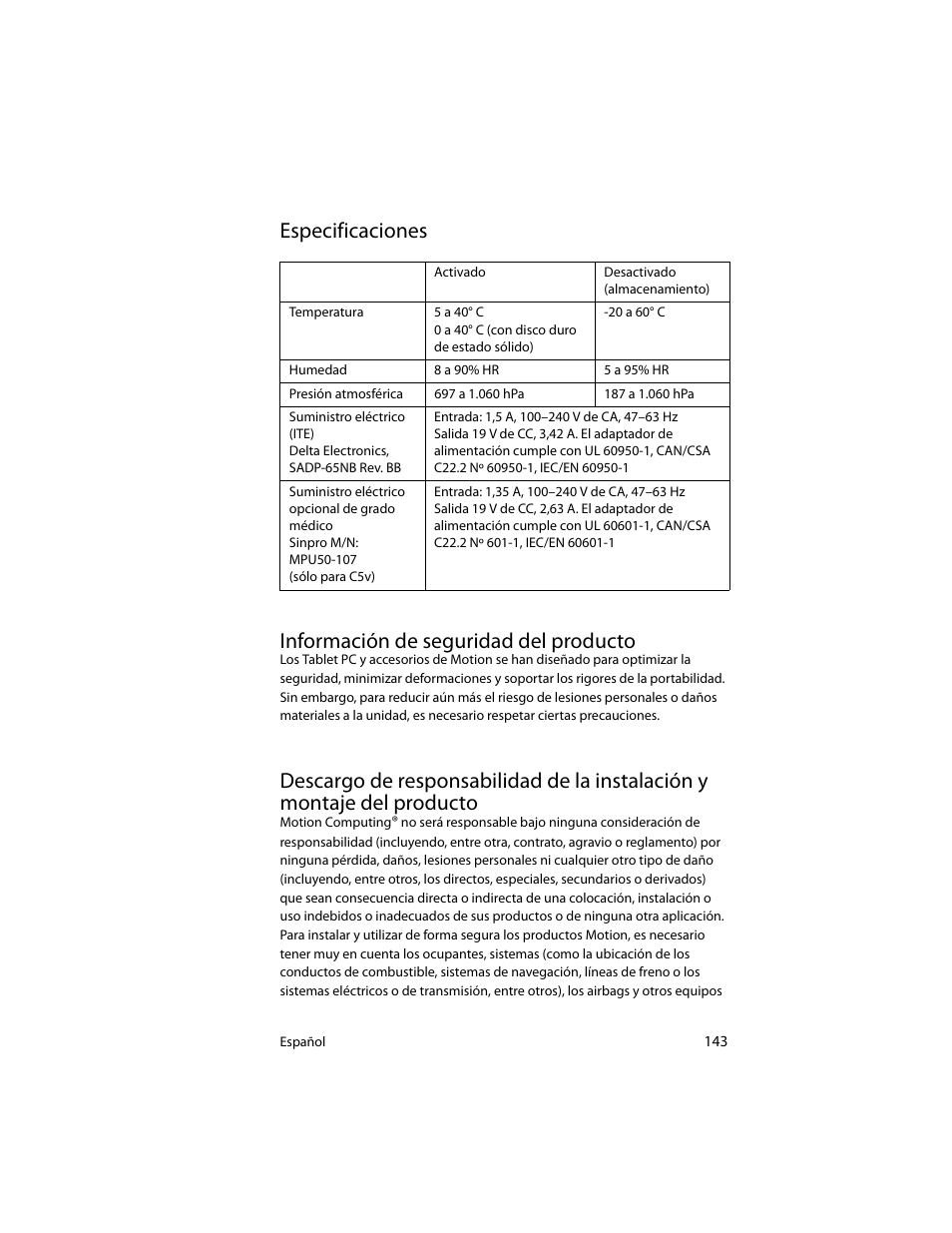 Especificaciones, Información de seguridad del producto | Motion Computing J3400 MDC001 User Manual | Page 143 / 183