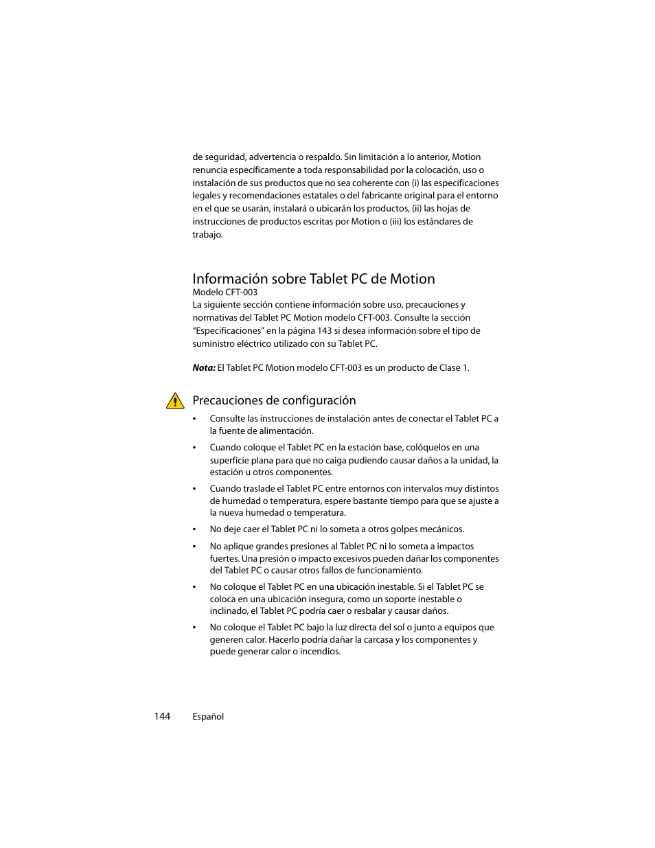 Información sobre tablet pc de motion, Precauciones de configuración | Motion Computing J3400 MDC001 User Manual | Page 144 / 183