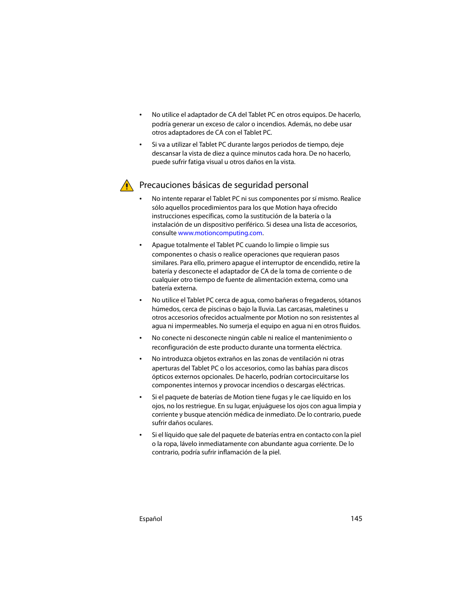 Precauciones básicas de seguridad personal | Motion Computing J3400 MDC001 User Manual | Page 145 / 183