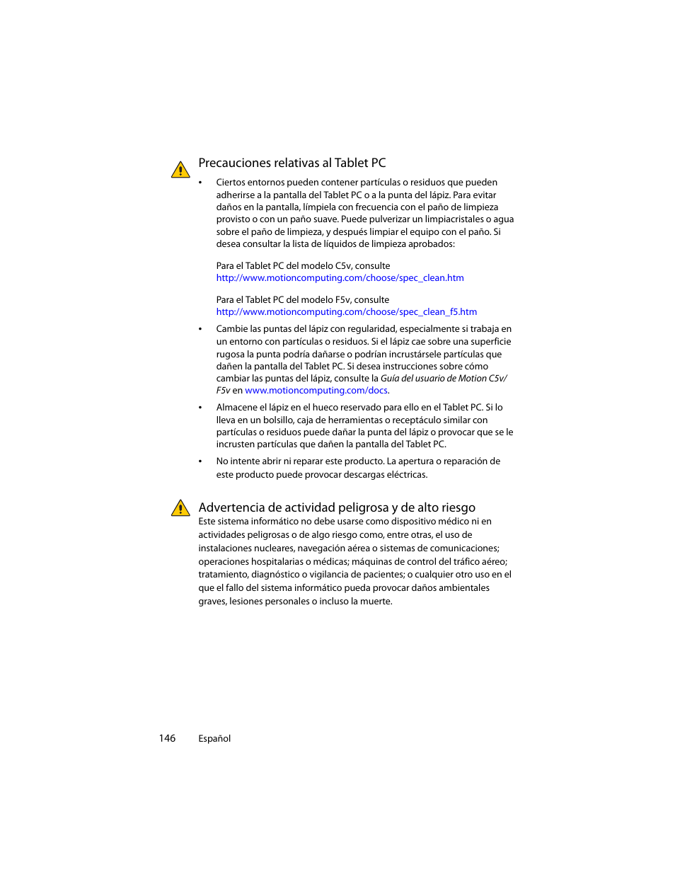 Precauciones relativas al tablet pc | Motion Computing J3400 MDC001 User Manual | Page 146 / 183