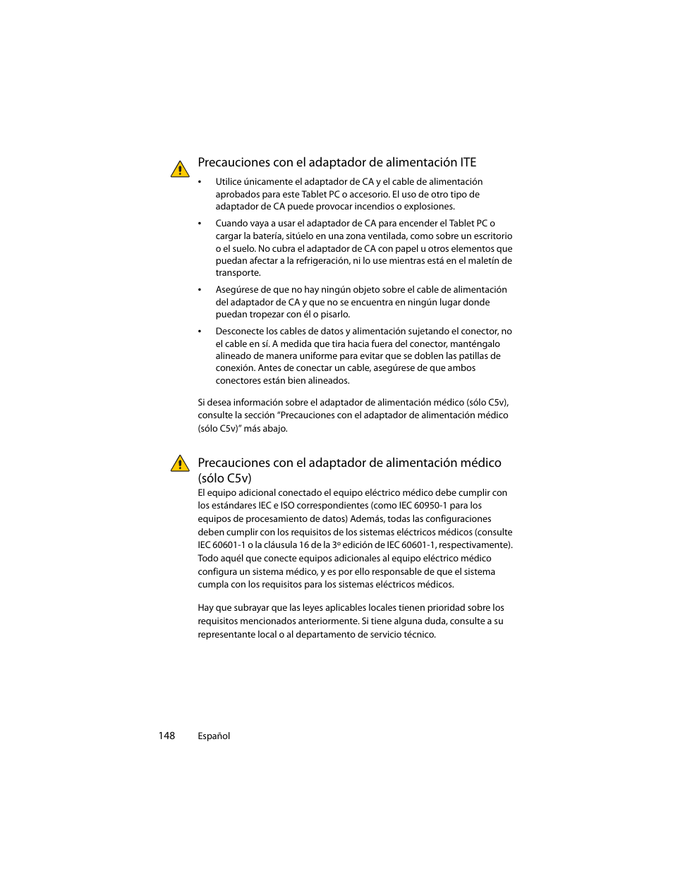 Precauciones con el adaptador de alimentación ite | Motion Computing J3400 MDC001 User Manual | Page 148 / 183