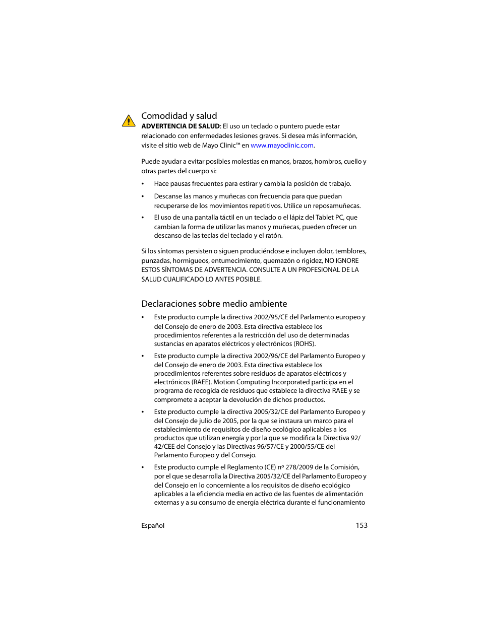 Comodidad y salud, Declaraciones sobre medio ambiente | Motion Computing J3400 MDC001 User Manual | Page 153 / 183