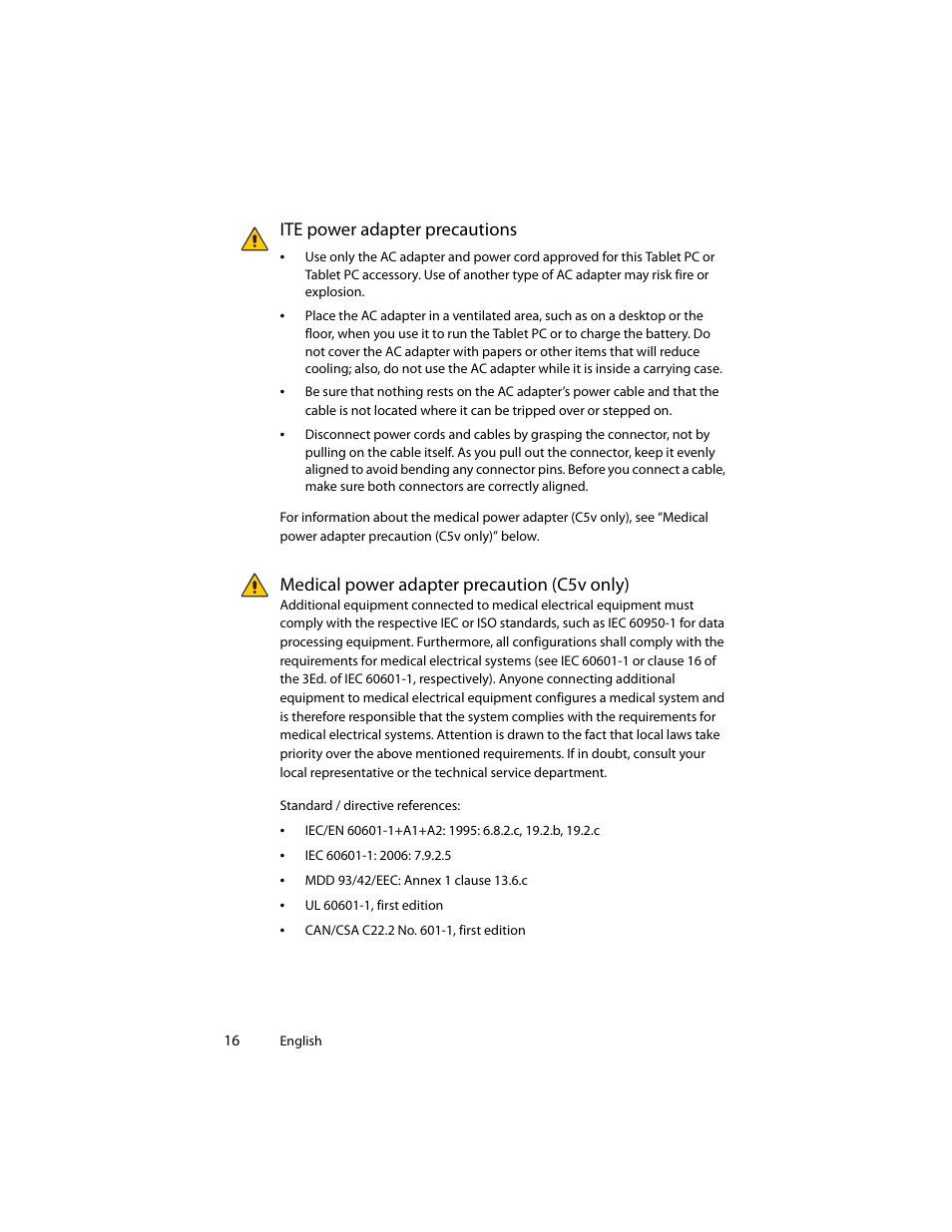 Ite power adapter precautions, Medical power adapter precaution (c5v only) | Motion Computing J3400 MDC001 User Manual | Page 16 / 183