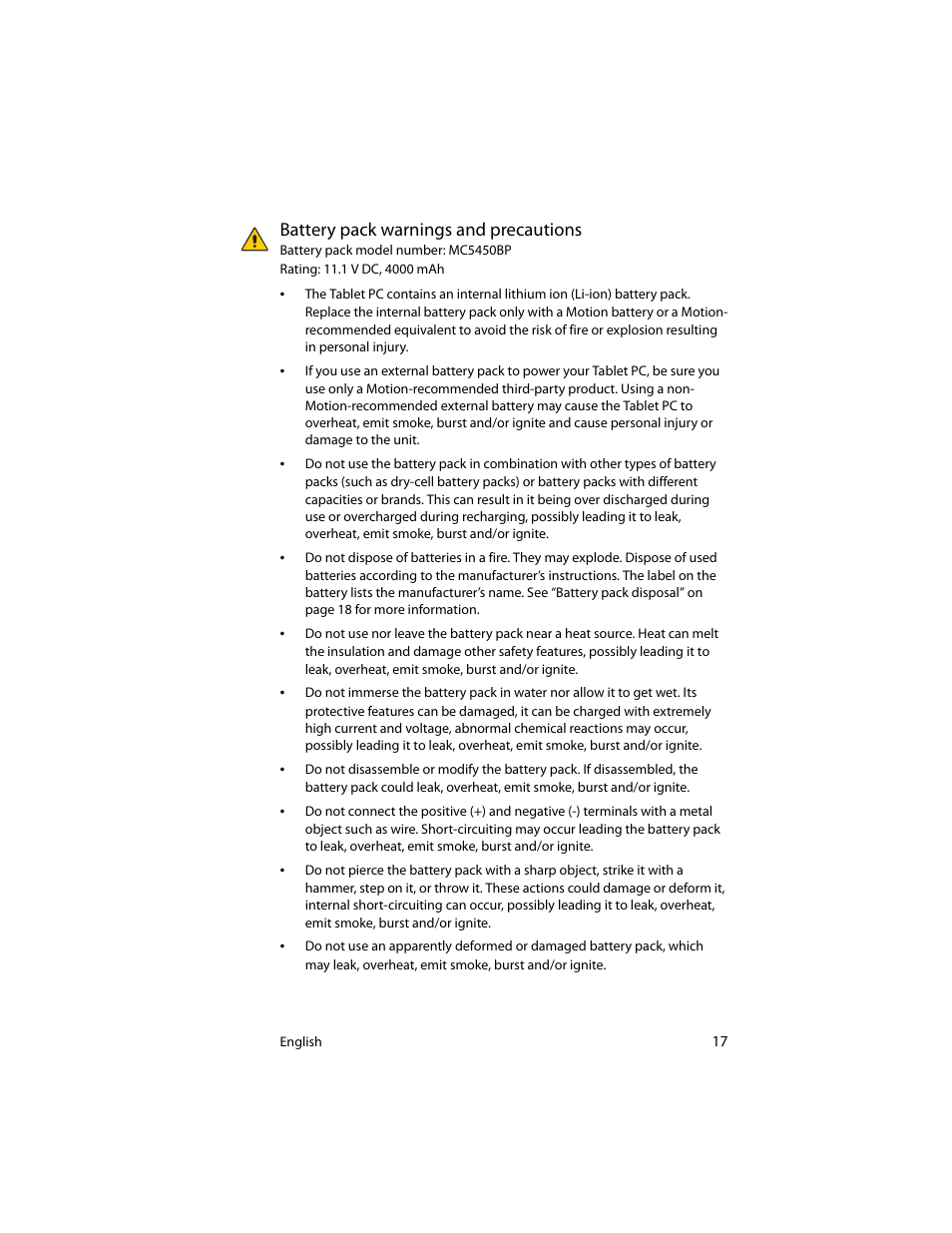 Battery pack warnings and precautions | Motion Computing J3400 MDC001 User Manual | Page 17 / 183