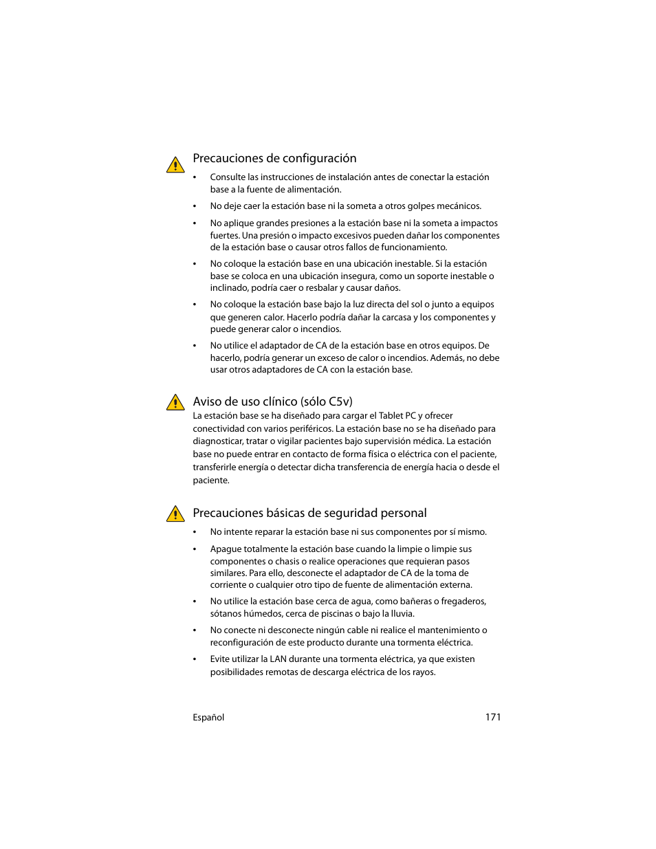 Precauciones de configuración, Aviso de uso clínico (sólo c5v), Precauciones básicas de seguridad personal | Motion Computing J3400 MDC001 User Manual | Page 171 / 183