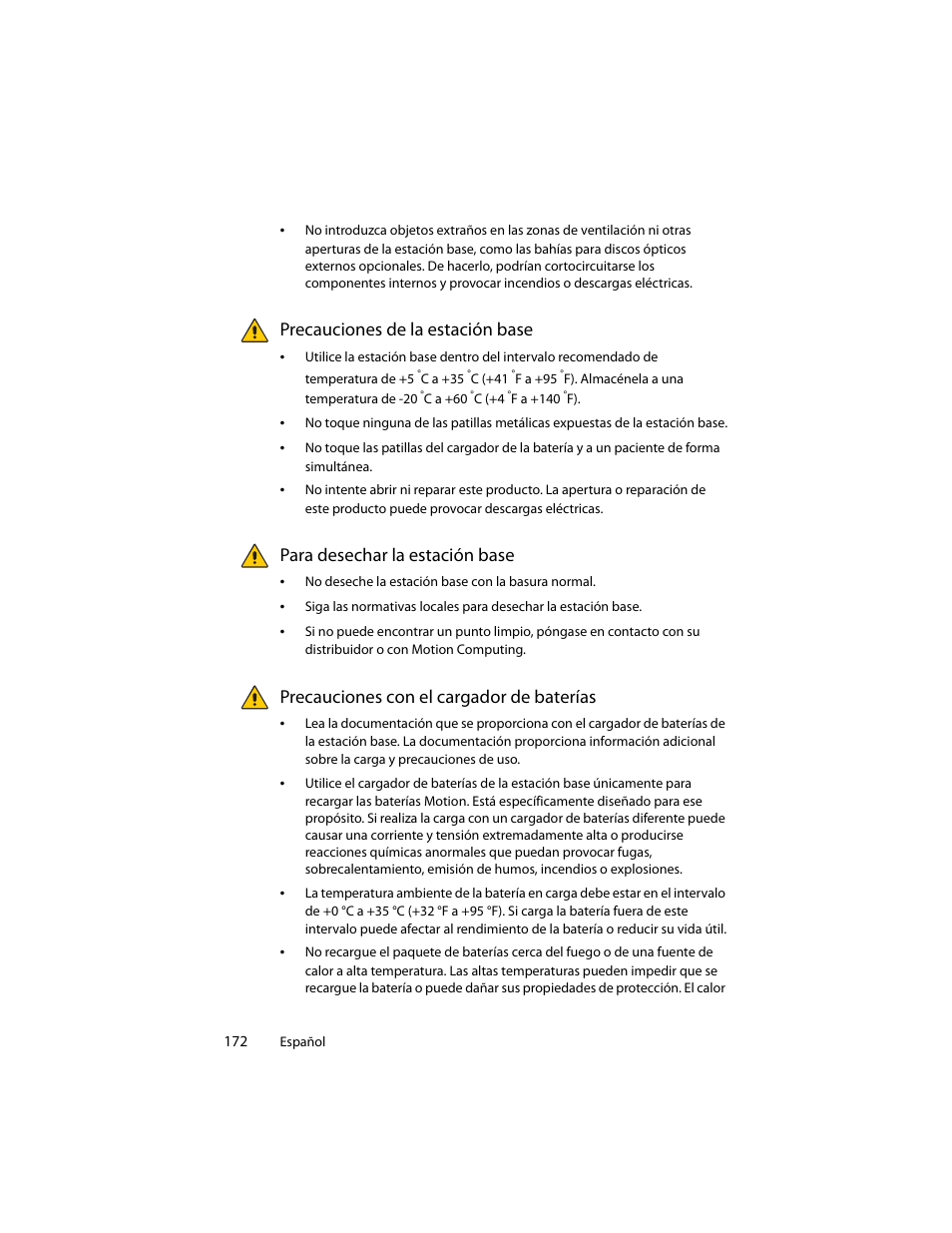 Precauciones de la estación base, Para desechar la estación base, Precauciones con el cargador de baterías | Motion Computing J3400 MDC001 User Manual | Page 172 / 183