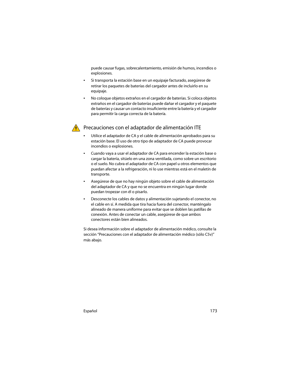Precauciones con el adaptador de alimentación ite | Motion Computing J3400 MDC001 User Manual | Page 173 / 183