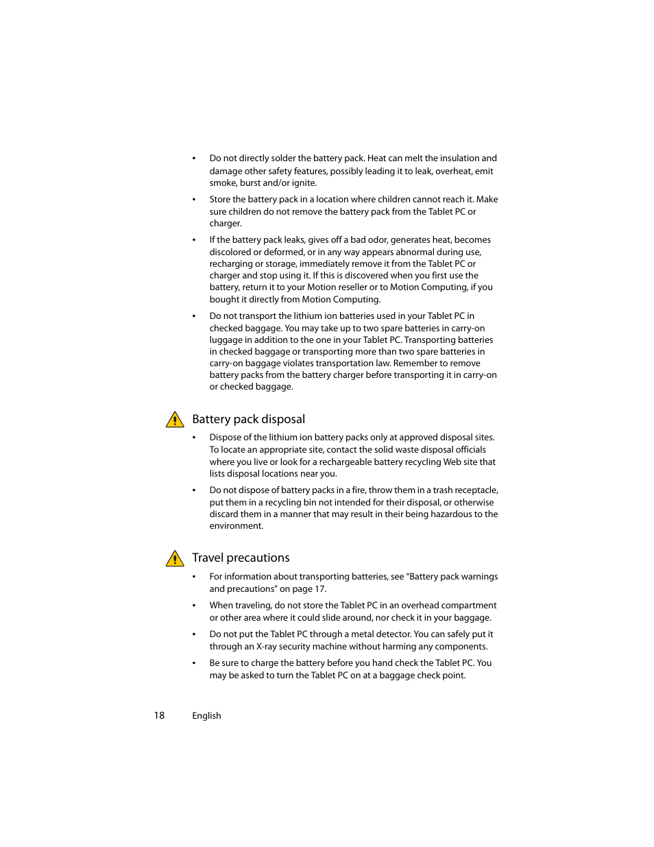 Battery pack disposal, Travel precautions, Battery pack disposal travel precautions | Motion Computing J3400 MDC001 User Manual | Page 18 / 183