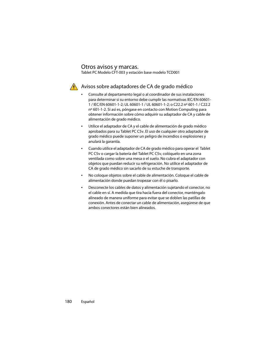 Otros avisos y marcas, Avisos sobre adaptadores de ca de grado médico | Motion Computing J3400 MDC001 User Manual | Page 180 / 183