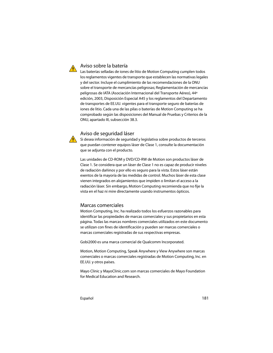 Aviso sobre la batería, Aviso de seguridad láser, Marcas comerciales | Motion Computing J3400 MDC001 User Manual | Page 181 / 183