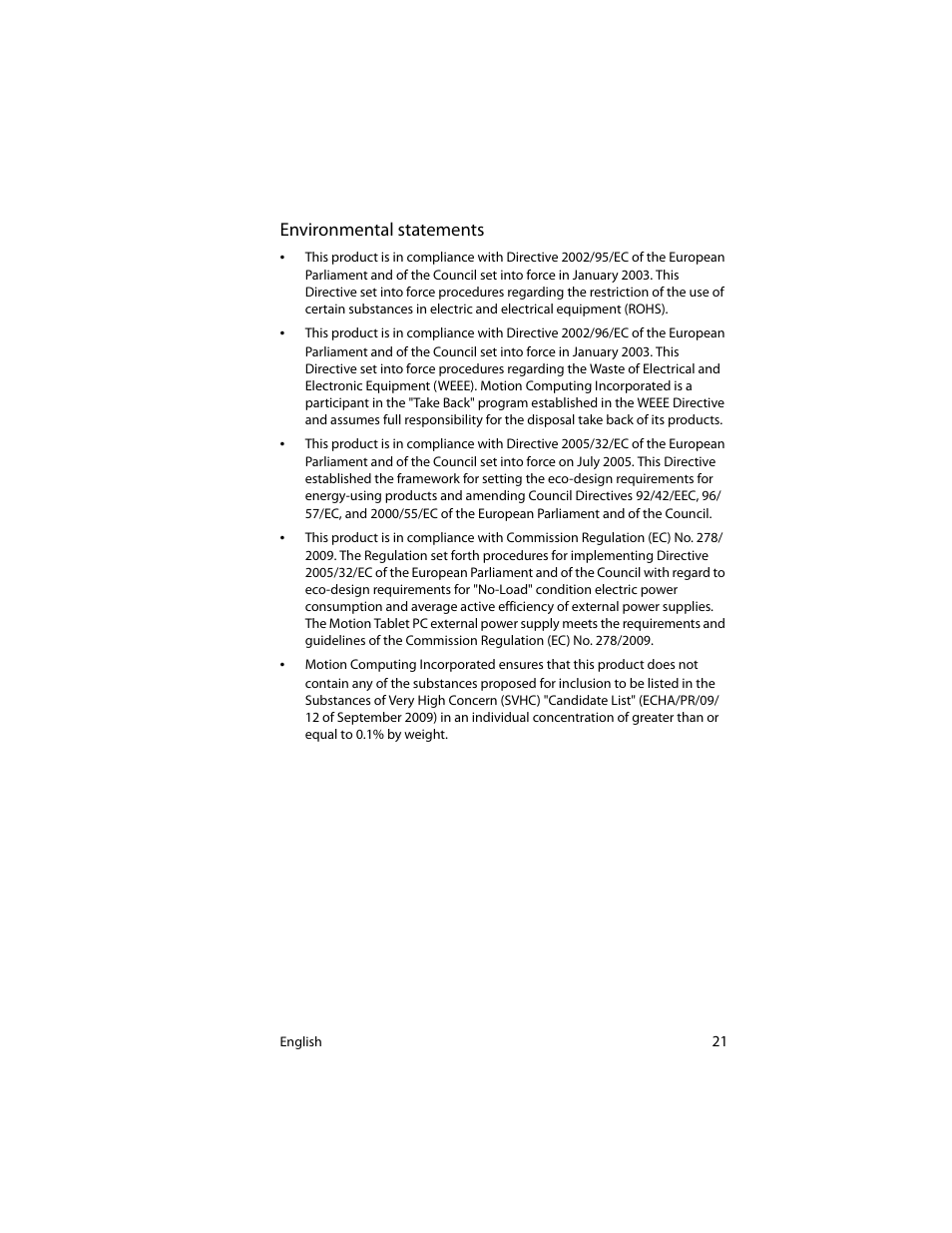 Environmental statements | Motion Computing J3400 MDC001 User Manual | Page 21 / 183