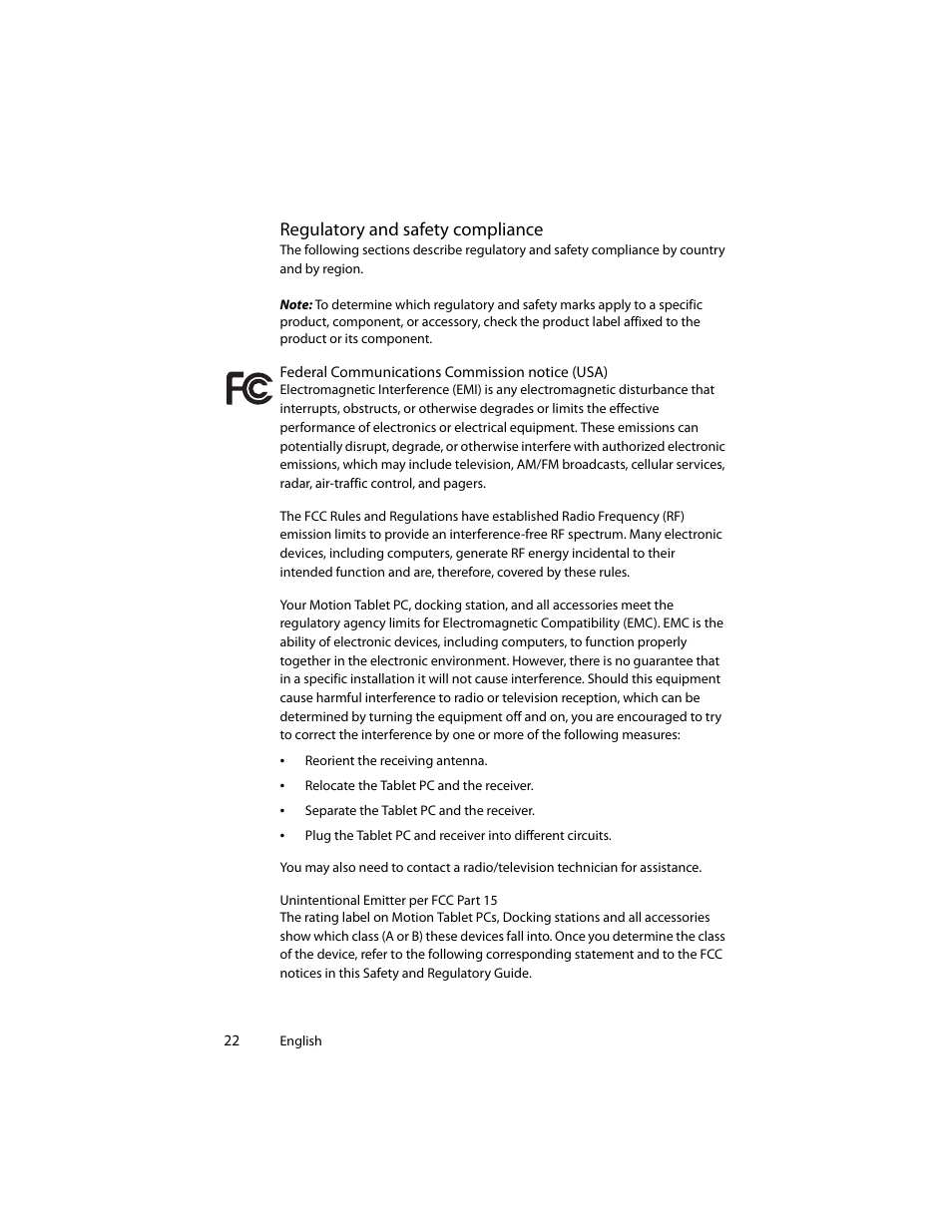 Regulatory and safety compliance | Motion Computing J3400 MDC001 User Manual | Page 22 / 183