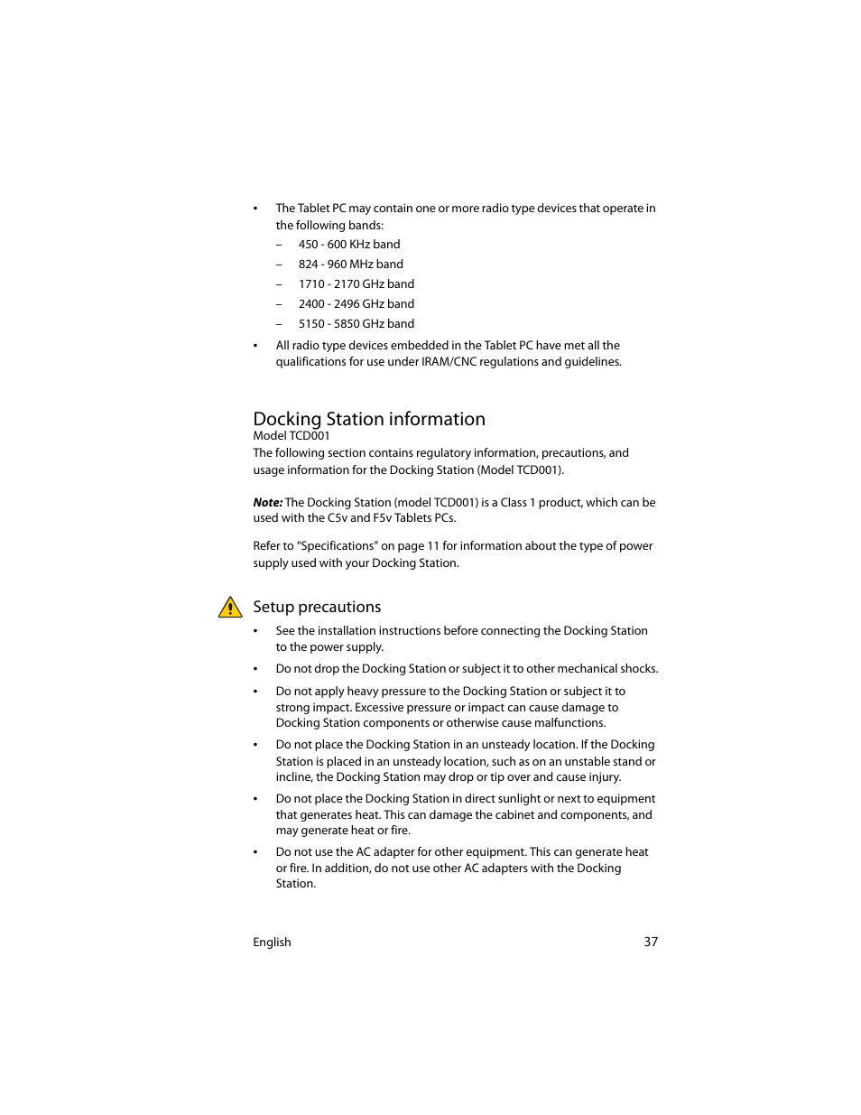 Docking station information, Setup precautions | Motion Computing J3400 MDC001 User Manual | Page 37 / 183