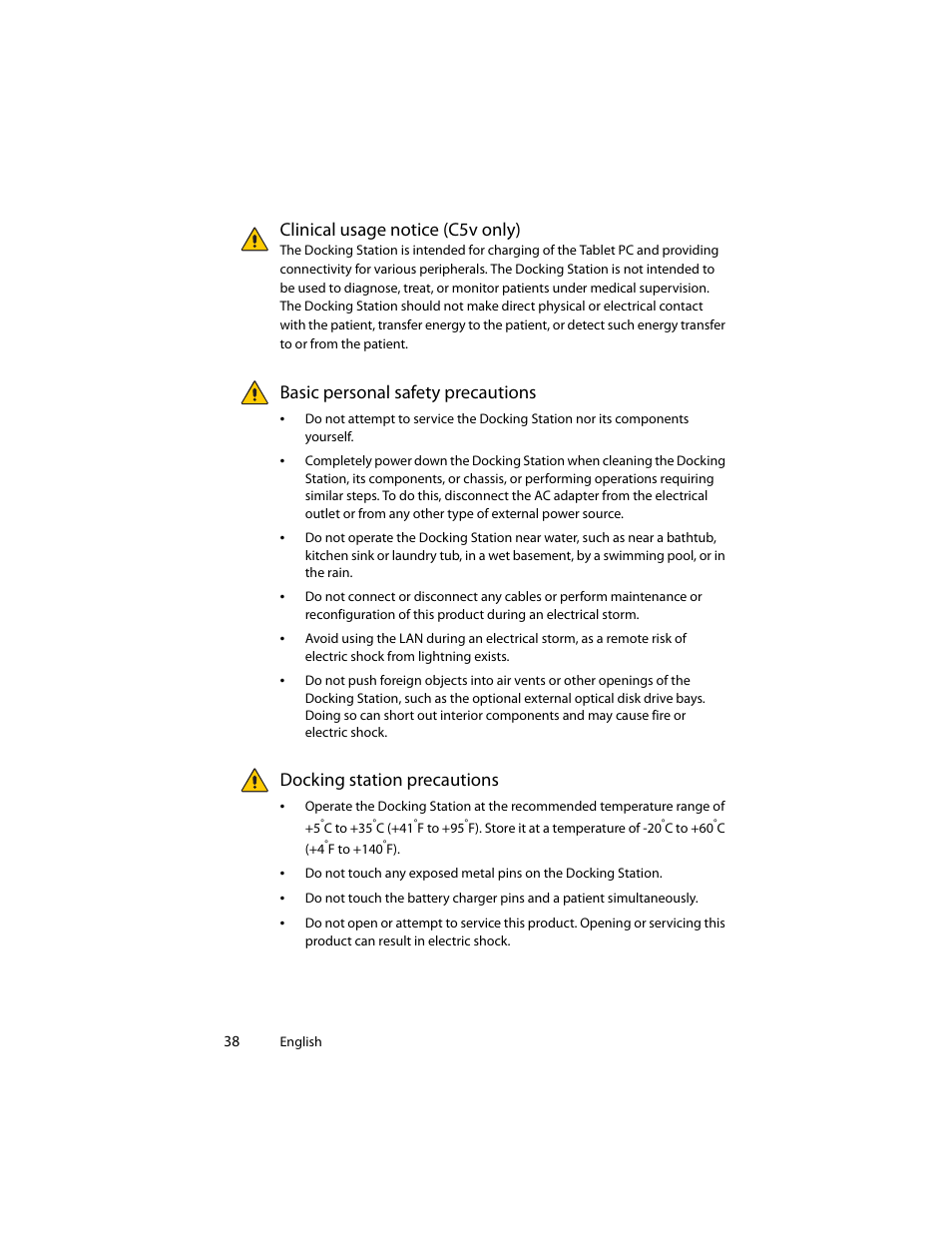 Clinical usage notice (c5v only), Basic personal safety precautions, Docking station precautions | Motion Computing J3400 MDC001 User Manual | Page 38 / 183
