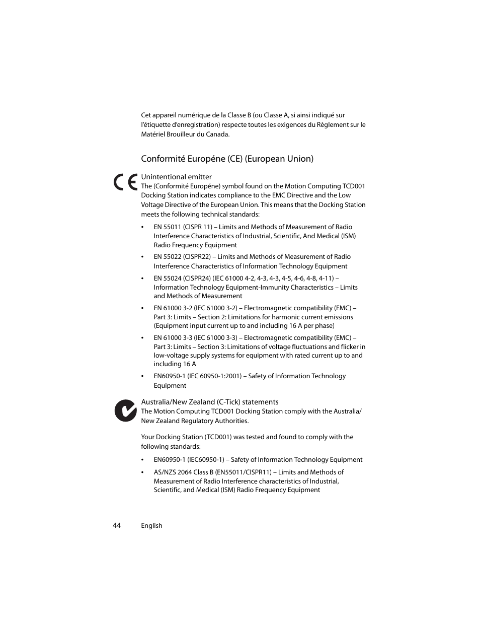 Conformité européne (ce) (european union) | Motion Computing J3400 MDC001 User Manual | Page 44 / 183