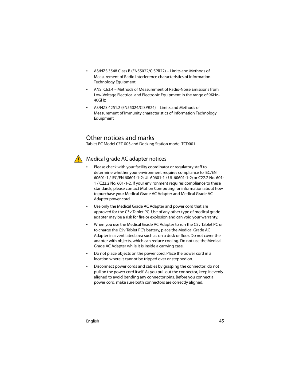 Other notices and marks, Medical grade ac adapter notices | Motion Computing J3400 MDC001 User Manual | Page 45 / 183