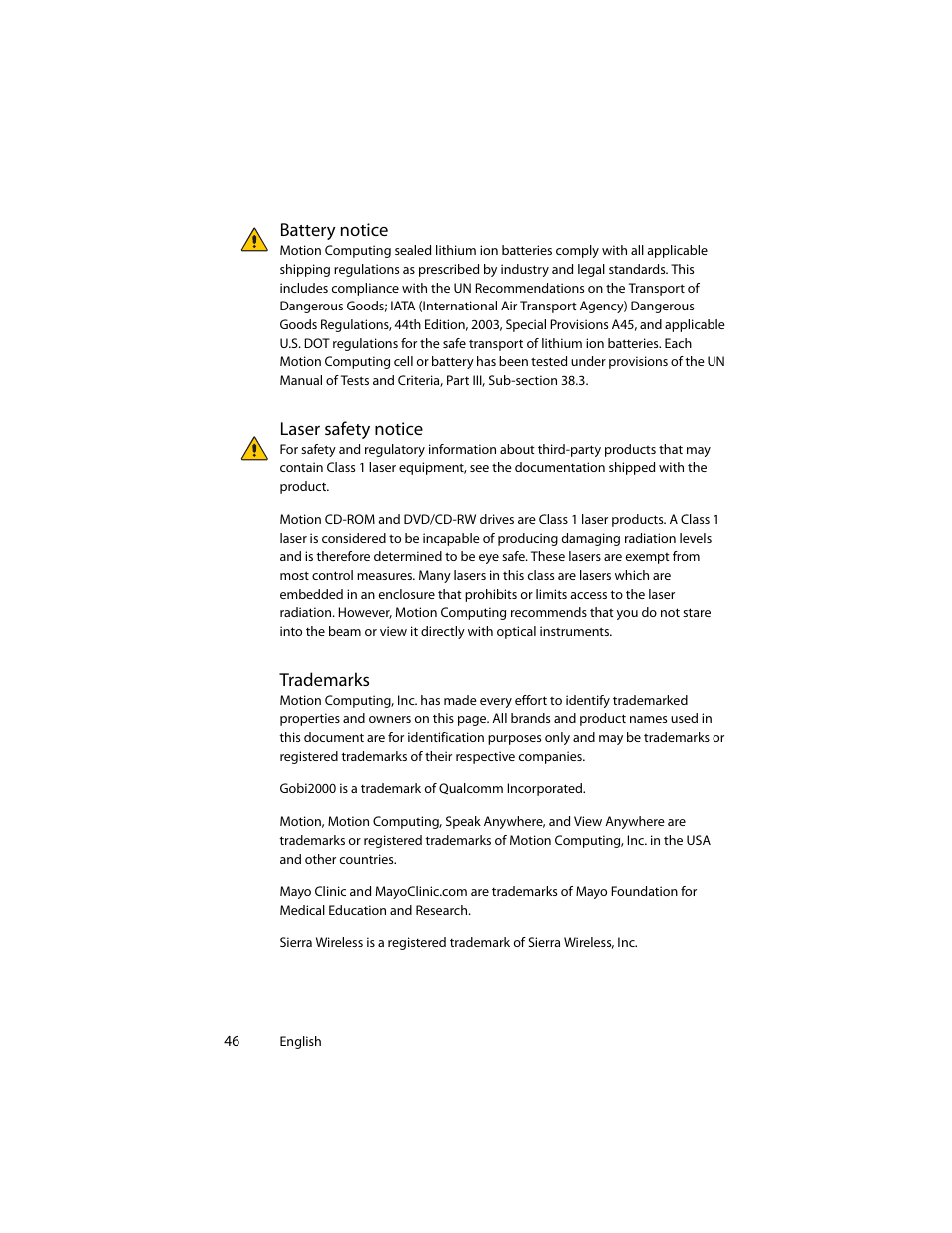 Battery notice, Laser safety notice, Trademarks | Battery notice laser safety notice trademarks | Motion Computing J3400 MDC001 User Manual | Page 46 / 183