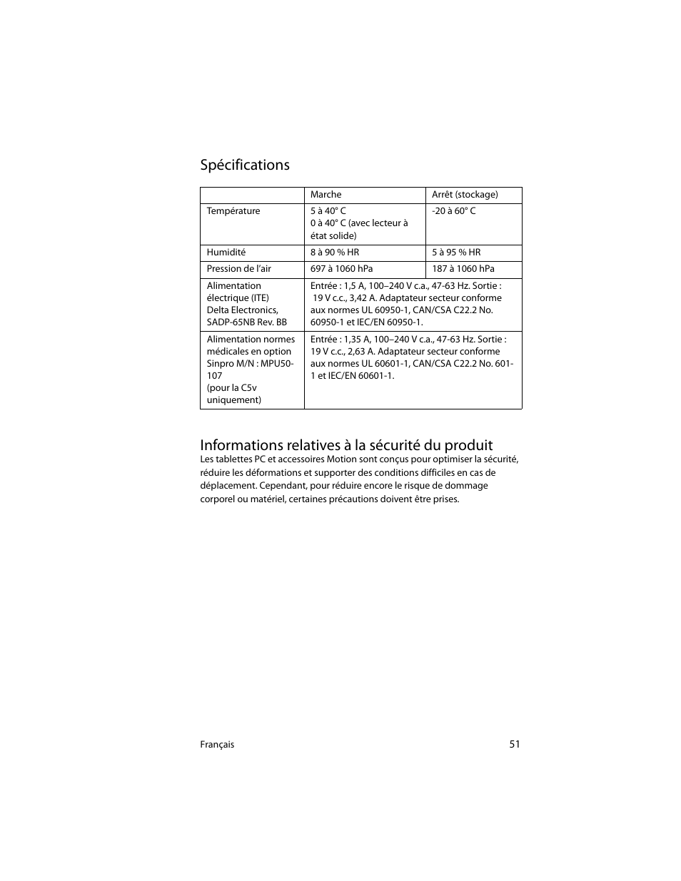 Spécifications, Informations relatives à la sécurité du produit | Motion Computing J3400 MDC001 User Manual | Page 51 / 183