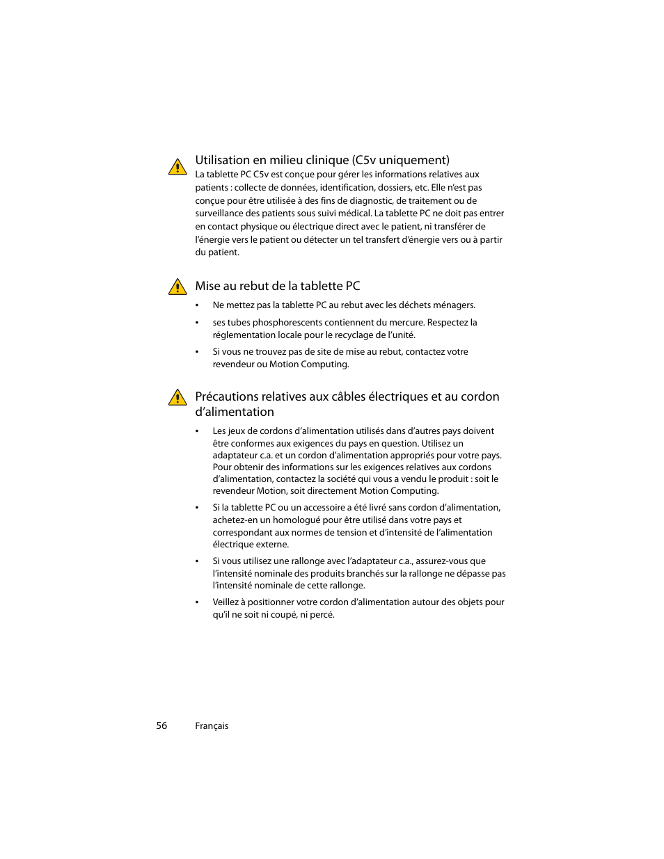 Utilisation en milieu clinique (c5v uniquement), Mise au rebut de la tablette pc, D’alimentation | Motion Computing J3400 MDC001 User Manual | Page 56 / 183