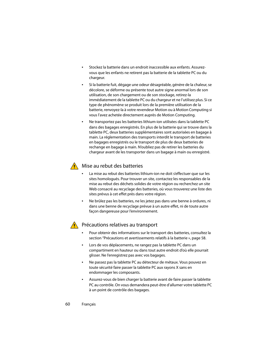 Mise au rebut des batteries, Précautions relatives au transport | Motion Computing J3400 MDC001 User Manual | Page 60 / 183