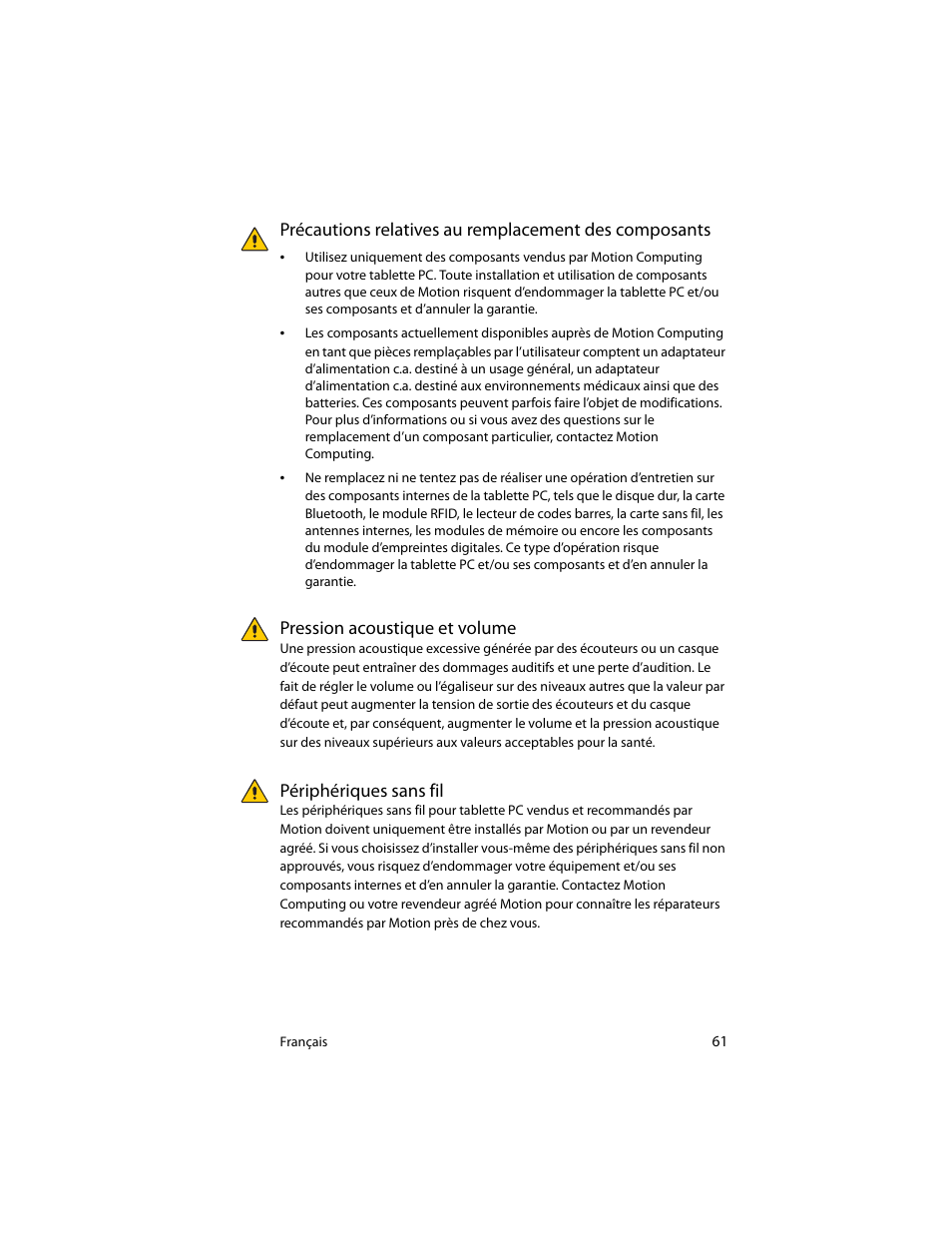 Pression acoustique et volume, Périphériques sans fil | Motion Computing J3400 MDC001 User Manual | Page 61 / 183
