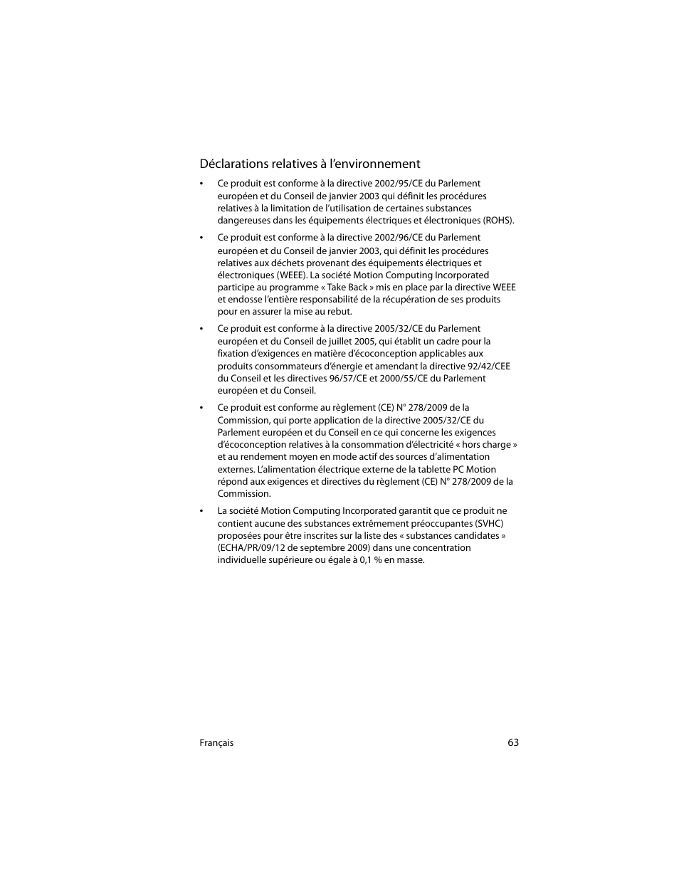 Déclarations relatives à l’environnement | Motion Computing J3400 MDC001 User Manual | Page 63 / 183