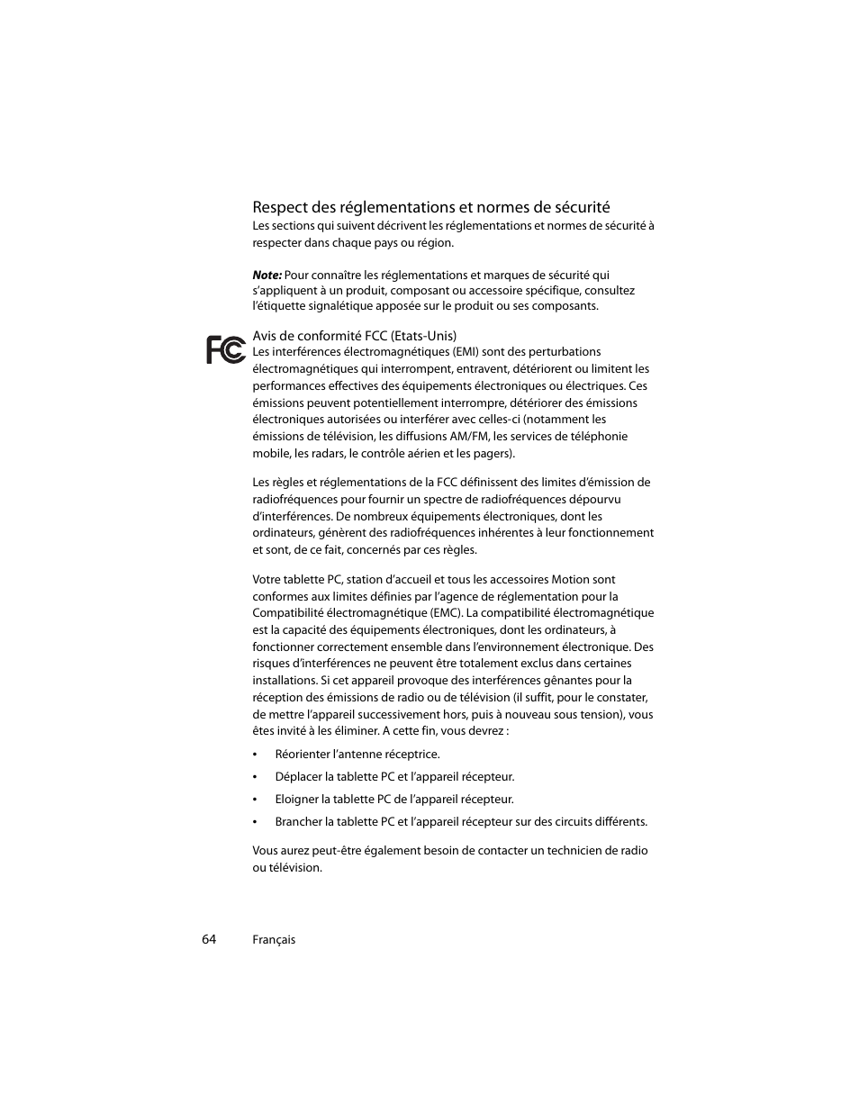 Respect des réglementations et normes de sécurité | Motion Computing J3400 MDC001 User Manual | Page 64 / 183