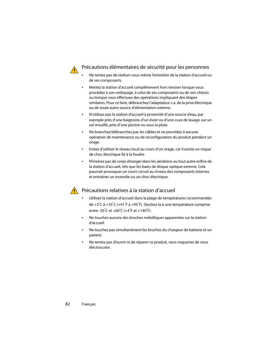 Précautions relatives à la station d’accueil | Motion Computing J3400 MDC001 User Manual | Page 82 / 183