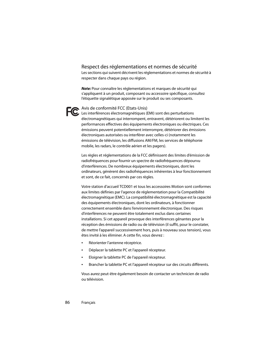 Respect des réglementations et normes de sécurité | Motion Computing J3400 MDC001 User Manual | Page 86 / 183