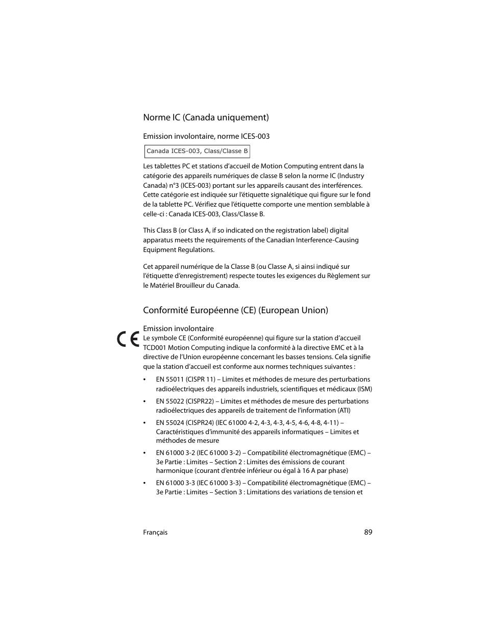 Norme ic (canada uniquement), Conformité européenne (ce) (european union) | Motion Computing J3400 MDC001 User Manual | Page 89 / 183