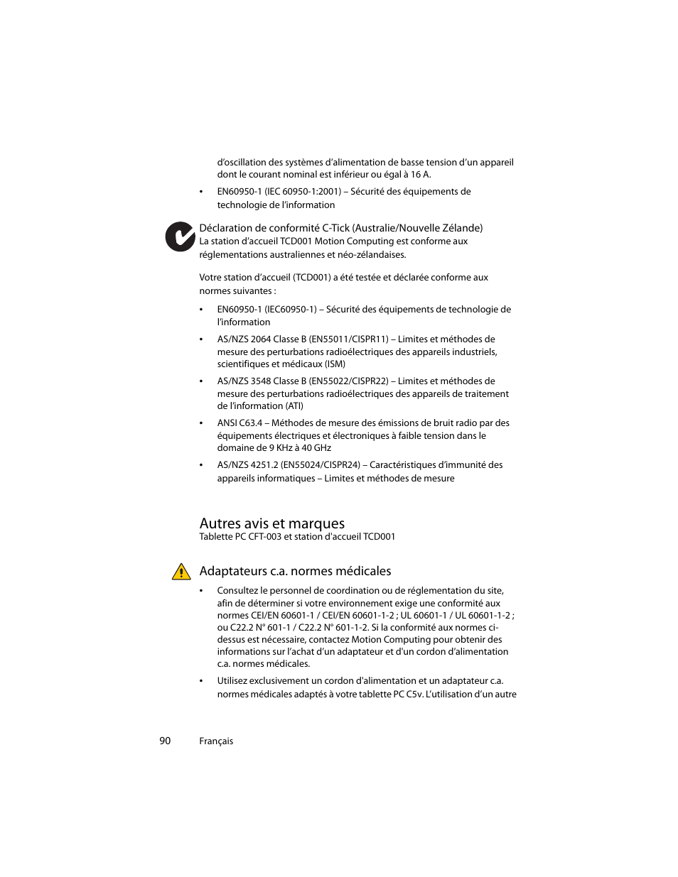 Autres avis et marques, Adaptateurs c.a. normes médicales | Motion Computing J3400 MDC001 User Manual | Page 90 / 183