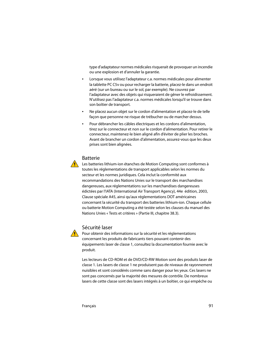 Batterie, Sécurité laser, Batterie sécurité laser | Motion Computing J3400 MDC001 User Manual | Page 91 / 183