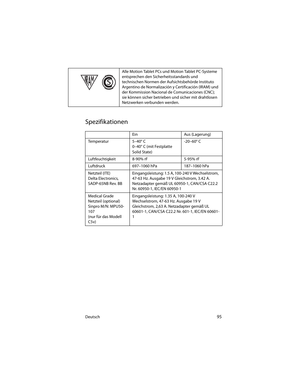 Spezifikationen | Motion Computing J3400 MDC001 User Manual | Page 95 / 183
