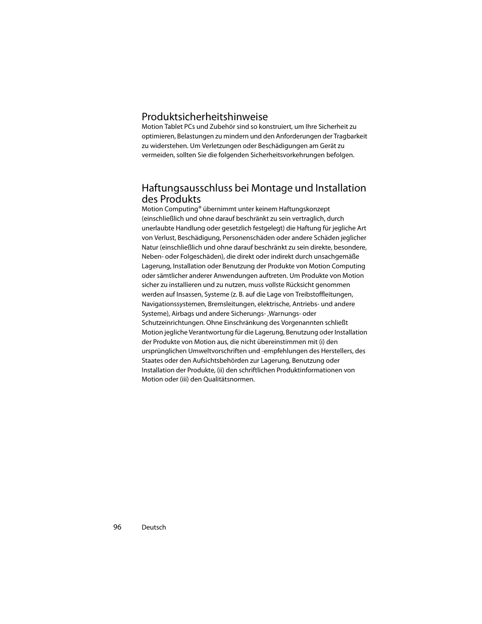 Produktsicherheitshinweise | Motion Computing J3400 MDC001 User Manual | Page 96 / 183