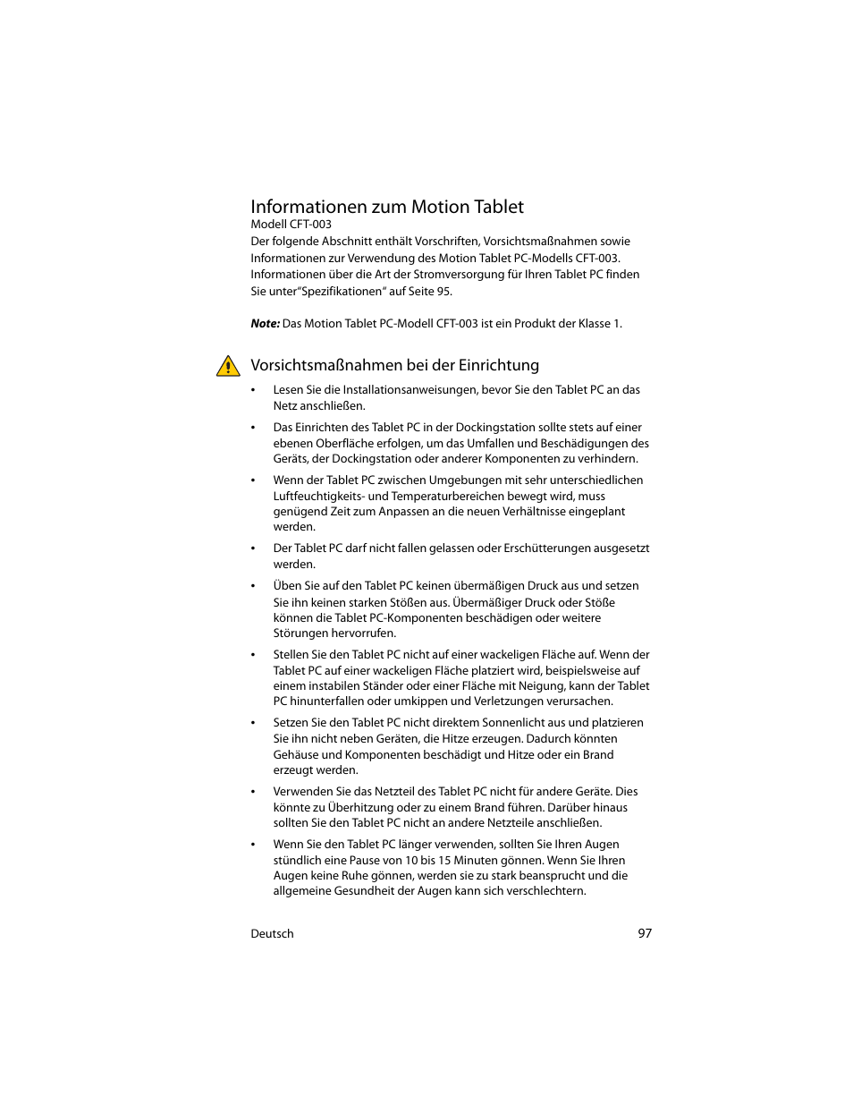 Informationen zum motion tablet, Vorsichtsmaßnahmen bei der einrichtung | Motion Computing J3400 MDC001 User Manual | Page 97 / 183