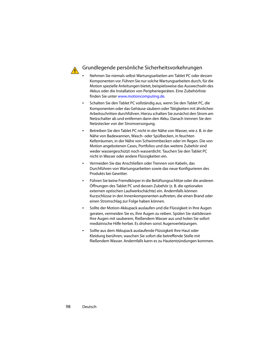 Grundlegende persönliche sicherheitsvorkehrungen | Motion Computing J3400 MDC001 User Manual | Page 98 / 183