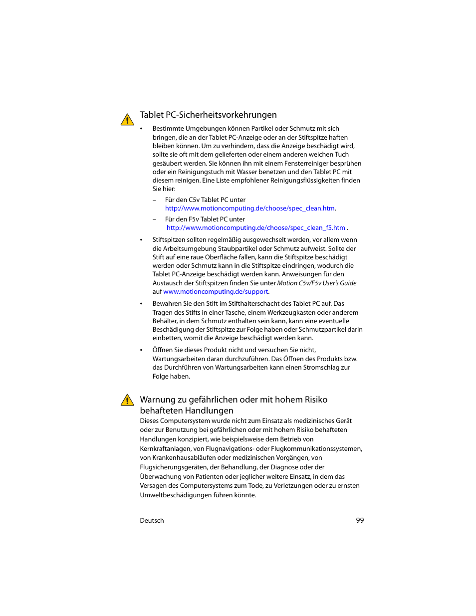 Tablet pc-sicherheitsvorkehrungen, Handlungen | Motion Computing J3400 MDC001 User Manual | Page 99 / 183