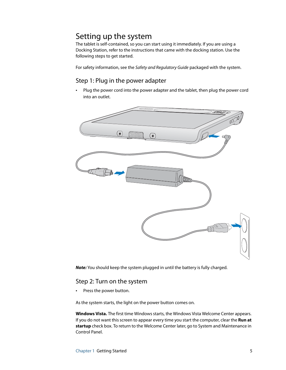 Setting up the system, Step 1: plug in the power adapter, Step 2: turn on the system | Motion Computing MOTION C5 User Manual | Page 11 / 86