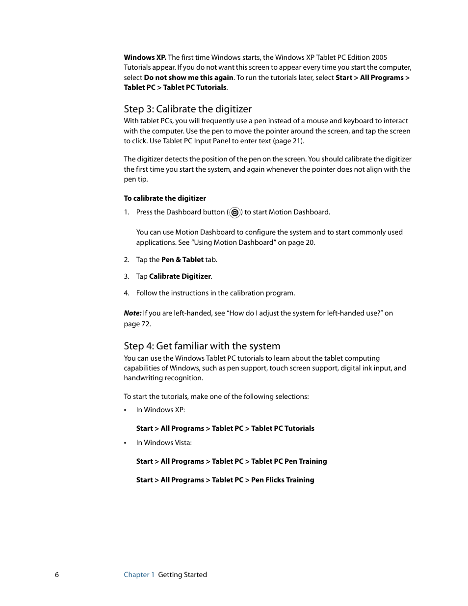 Step 3: calibrate the digitizer, Step 4: get familiar with the system | Motion Computing MOTION C5 User Manual | Page 12 / 86