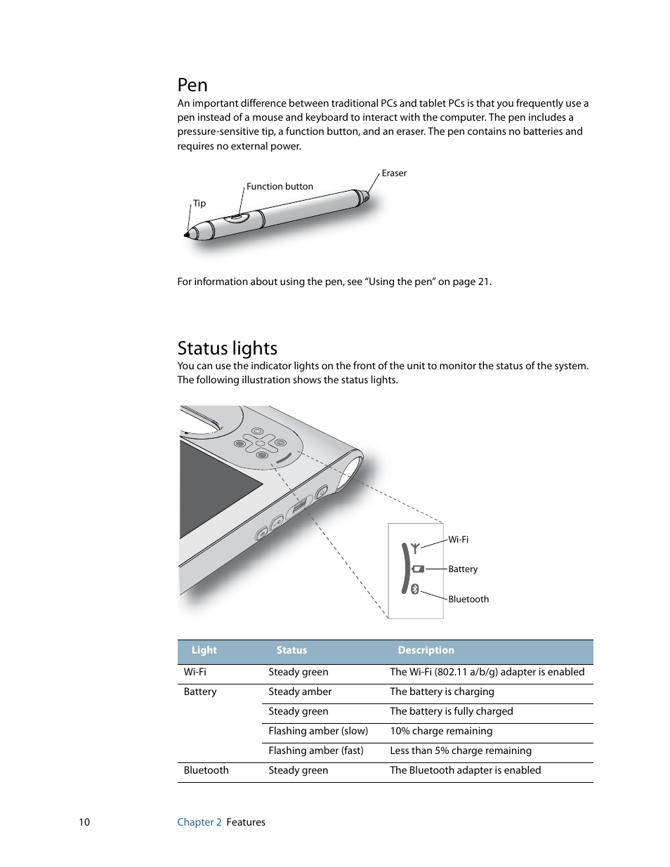 Status lights, Pen status lights | Motion Computing MOTION C5 User Manual | Page 16 / 86