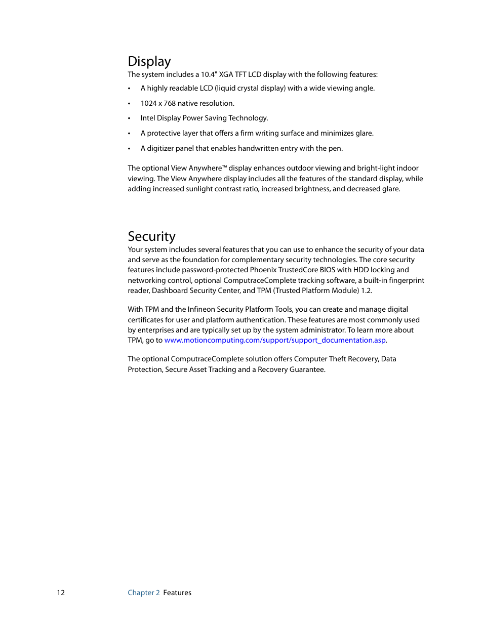 Display, Security, Display security | Motion Computing MOTION C5 User Manual | Page 18 / 86