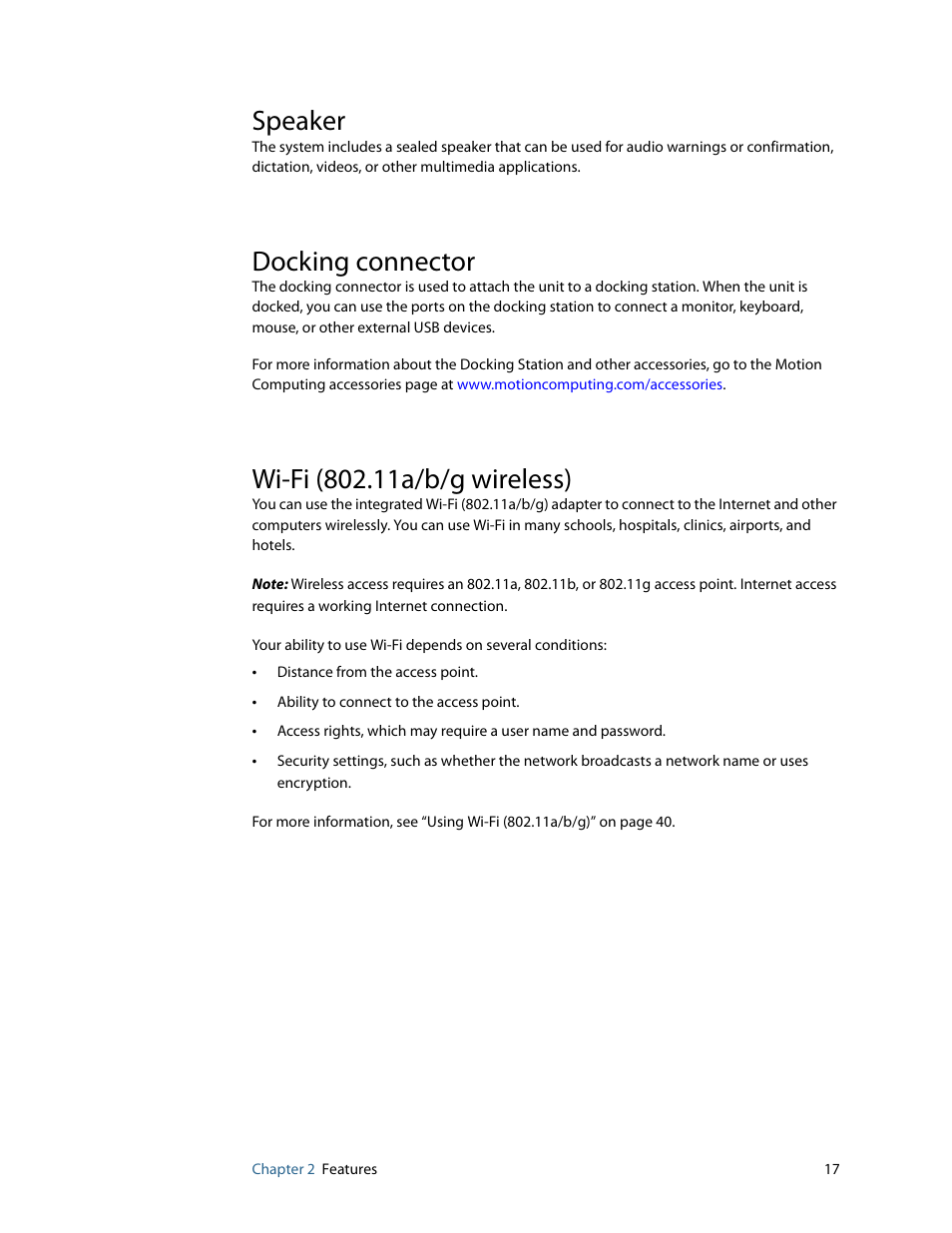 Speaker, Docking connector, Wi-fi (802.11a/b/g wireless) | Motion Computing MOTION C5 User Manual | Page 23 / 86