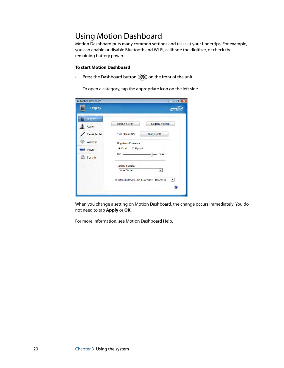 Using motion dashboard | Motion Computing MOTION C5 User Manual | Page 28 / 86