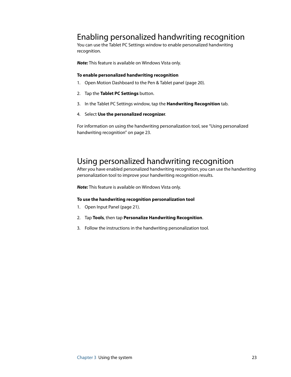 Enabling personalized handwriting recognition, Using personalized handwriting recognition | Motion Computing MOTION C5 User Manual | Page 31 / 86