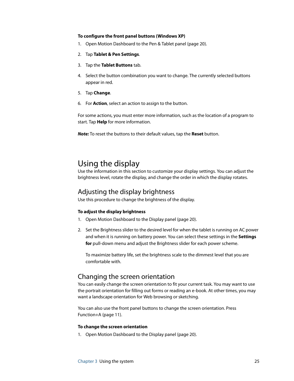 Using the display, Adjusting the display brightness, Changing the screen orientation | Motion Computing MOTION C5 User Manual | Page 33 / 86