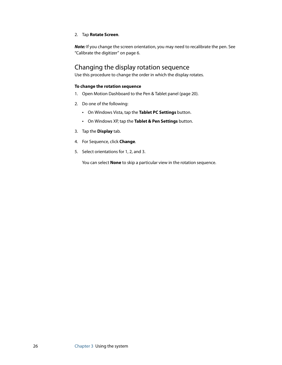 Changing the display rotation sequence | Motion Computing MOTION C5 User Manual | Page 34 / 86