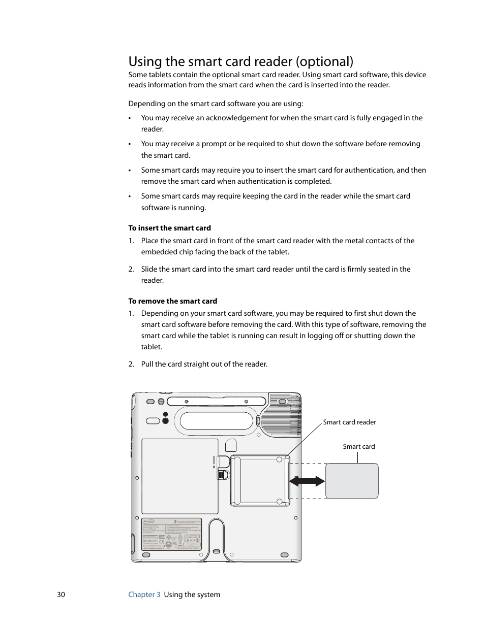 Using the smart card reader (optional) | Motion Computing MOTION C5 User Manual | Page 38 / 86