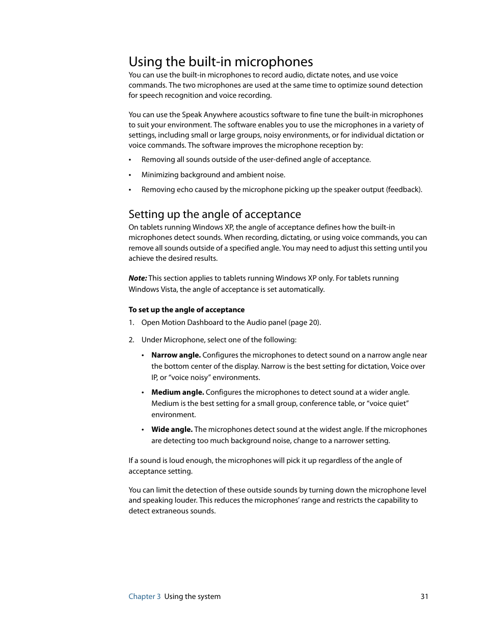 Using the built-in microphones, Setting up the angle of acceptance | Motion Computing MOTION C5 User Manual | Page 39 / 86