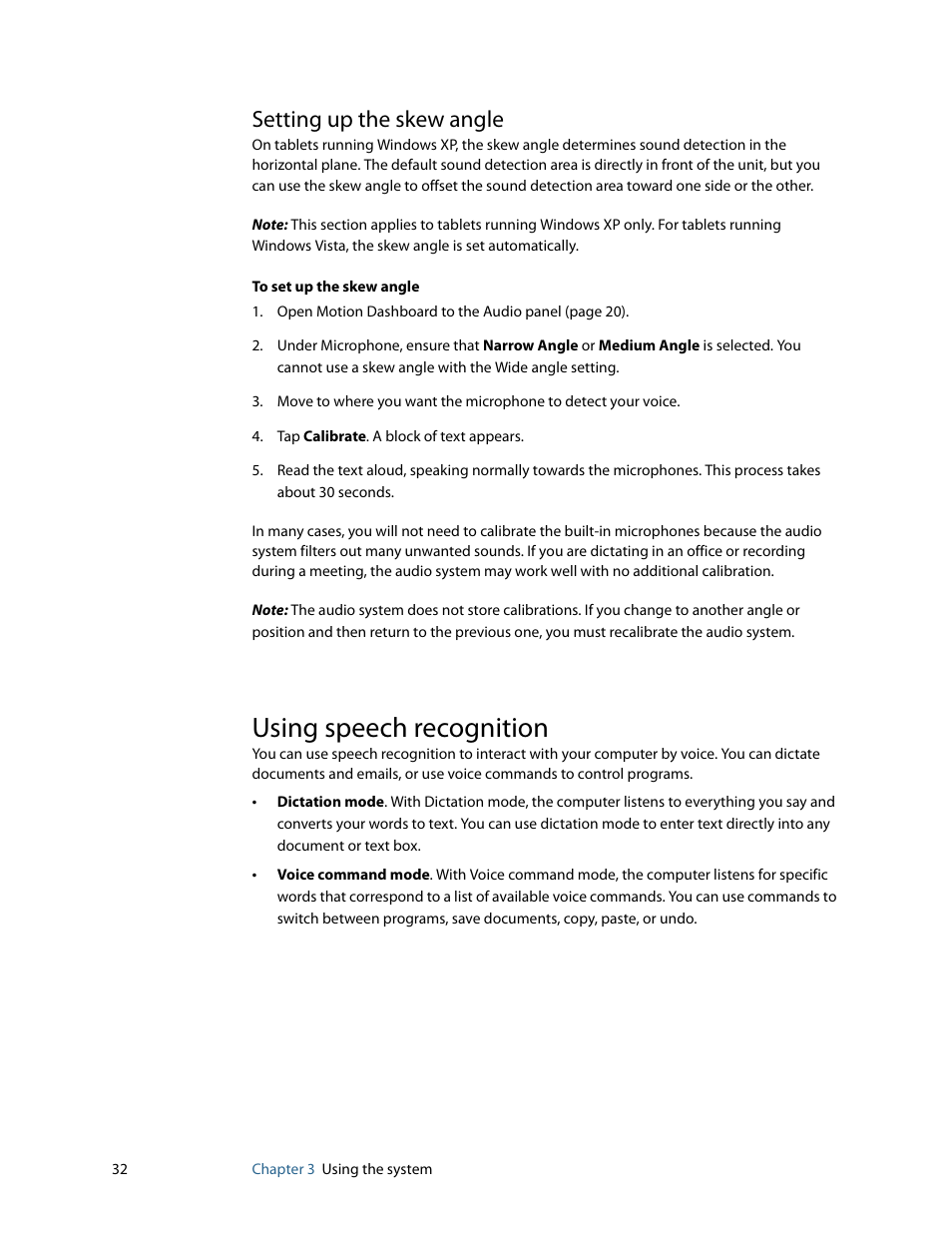 Setting up the skew angle, Using speech recognition | Motion Computing MOTION C5 User Manual | Page 40 / 86