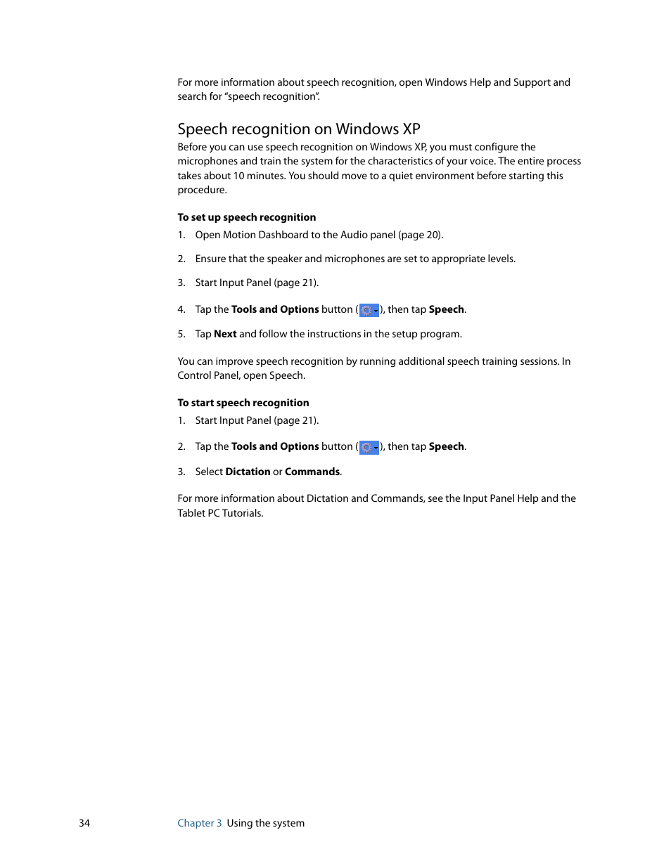 Speech recognition on windows xp | Motion Computing MOTION C5 User Manual | Page 42 / 86